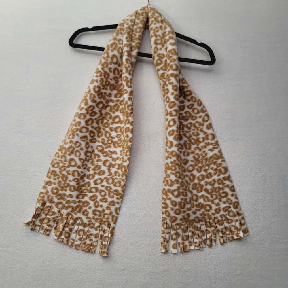 Leopard Print Fleece Scarf Brown White Fringe Fringed